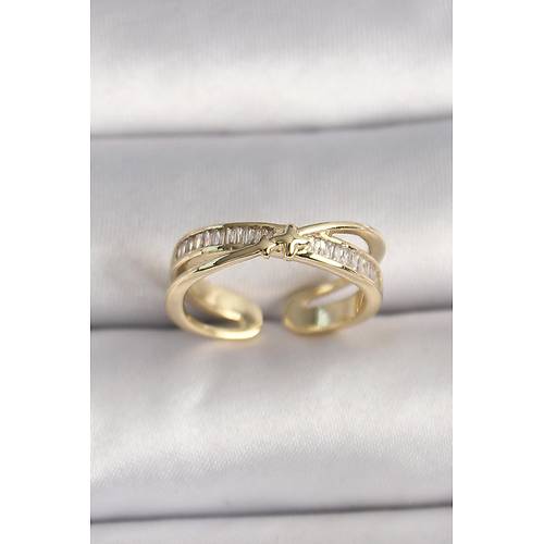 Pirin� Gold Renk Zirkon Ta�l� Y�ld�z Detayl� Ayarlanabilir Kad�n Y�z�k