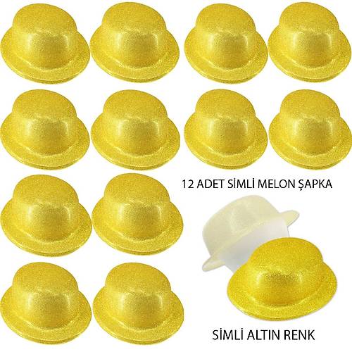 Alt�n Renk Simli Melon Yuvarlak Parti �apkas� 12 Adet