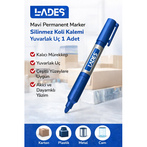 Lades Mavi Permanent Marker Silinmez Koli Kalemi Yuvarlak U� 1 Adet