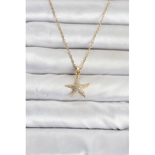 316L �elik Zincir Gold Renk Deniz Y�ld�z� Model Zirkon Ta�l� Kad�n Kolye