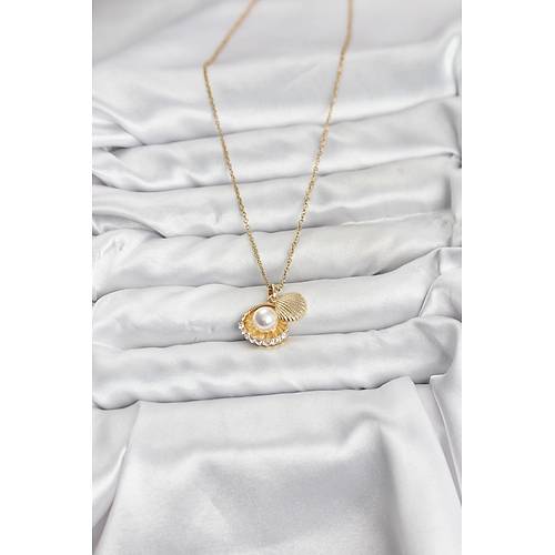 316L �elik Zincir Gold Renk �ncili Deniz Kabu�u Model Zirkon Ta�l� Kad�n Kolye