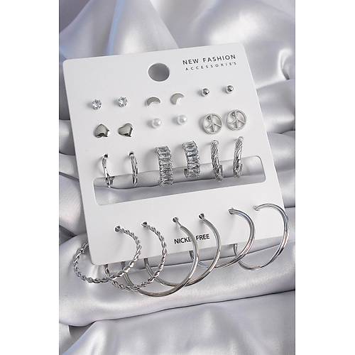 Pirin� G�m�� Renk Zirkon Ta�l� 12 �ift Kad�n K�pe Seti