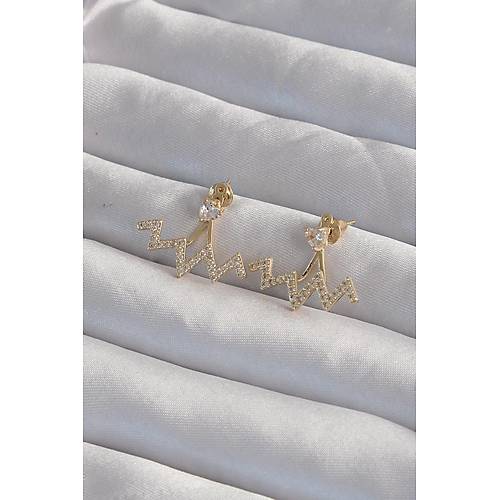 Pirin� Gold Renk Zirkon Ta�l� Zikzak K�pe