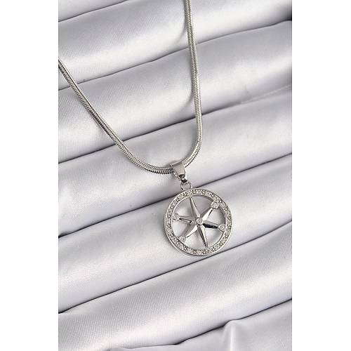 316L �elik G�m�� Renk �talyan Zincir Zirkon Ta�l� Kutup Y�ld�z Model Kad�n Kolye