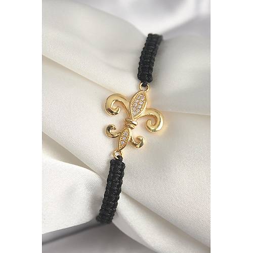 Pirin� Gold Renk Zirkon Ta�l� Zambak Fig�r Asans�rl� Makrome Model Kad�n Bileklik