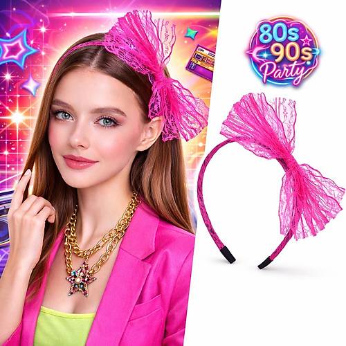 80�ler 90�lar Neon Pembe Dantel Ta� Fiyonklu