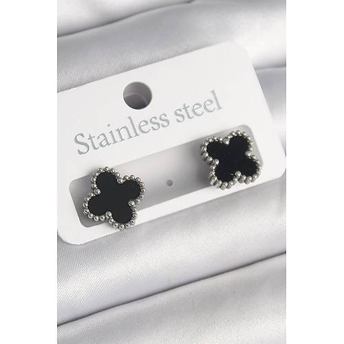 316L �elik G�m�� Renk Siyah Yonca Model Kad�n K�pe