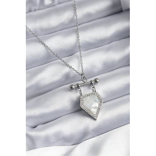 316L �elik G�m�� Renk Zirkon Ta� Detay Kad�n Kolye