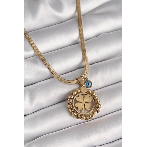 316L �elik Gold Renk �talyan Zincir Dorika Yonca Model Nazar Boncuk Detay Kad�n Kolye