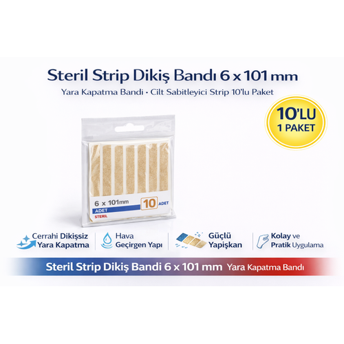 Steril Strip Diki� Band� 6 x 101 mm Yara Kapatma Band� Cilt Sabitleyici Strip 10�lu 1 Paket