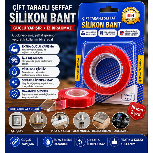 �ift Tarafl� �effaf Silikon Bant 18 mm 2 Yard G��l� Yap��kanl� Nano Bant �z B�rakmaz