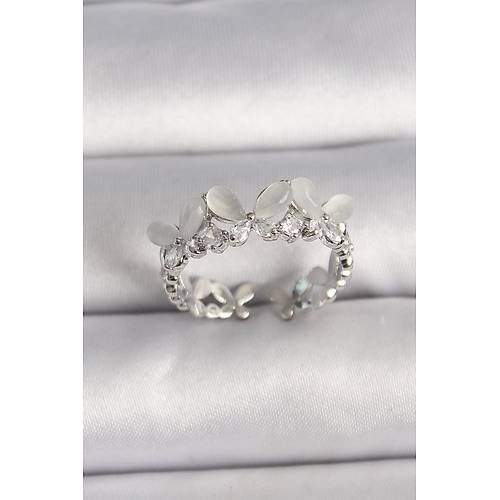 Pirin� G�m�� Renk Zirkon Ta�l� Beyaz Mineli Kelebek Model Ayarlanabilir Y�z�k