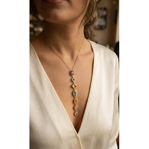 Pirin� Renkli Zirkon Ta�l� Model Gold Renk 7 Element Kad�n Y Kolye