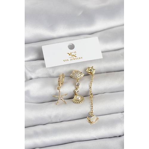 Pirin� Gold Renk Zirkon Ta�l� Deniz Temal� 3'l� Kad�n K�pe