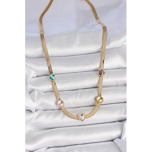 316L �elik Gold Renk �talyan Zincir Renkli Zirkon Ta�l� Kalp Fig�r Kad�n Kolye