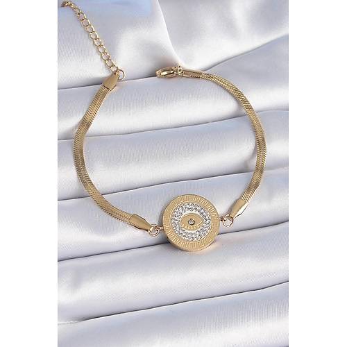316L �elik Gold Renk �talyan Zincir Zirkon Ta�l� G�z ��lemeli Madalyon Model Kad�n Bileklik