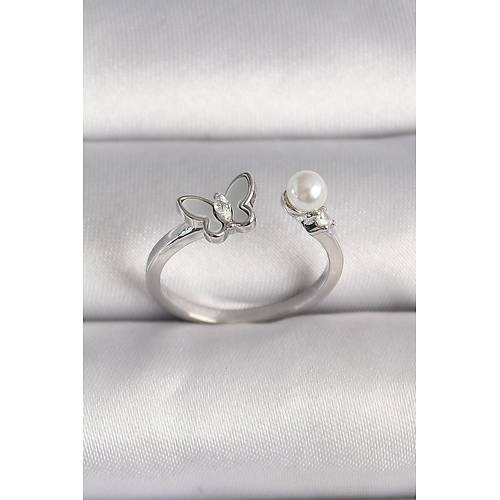 Pirin� G�m�� Renk Zirkon Ta� Detayl� Beyaz Mineli Kelebek Fig�r �nci Detay Ayarlanabilir Y�z�k