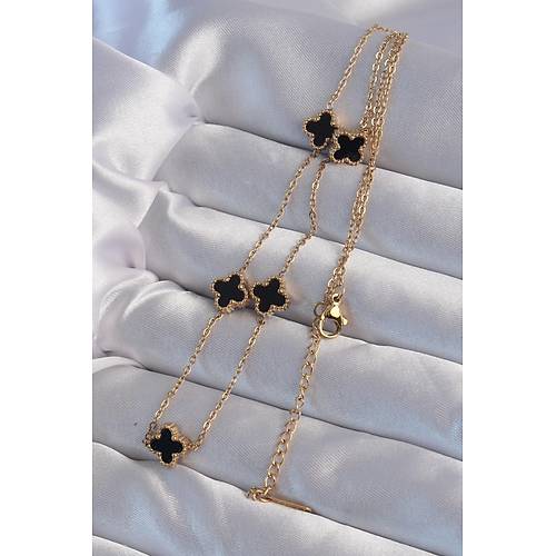 316L �elik Gold Renk Minimal Siyah Mineli Yonca Kolye