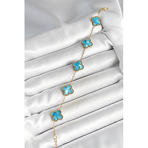 316L �elik Sedefli G�ky�z� Mavisi Gold Renk Yonca Kad�n Bileklik