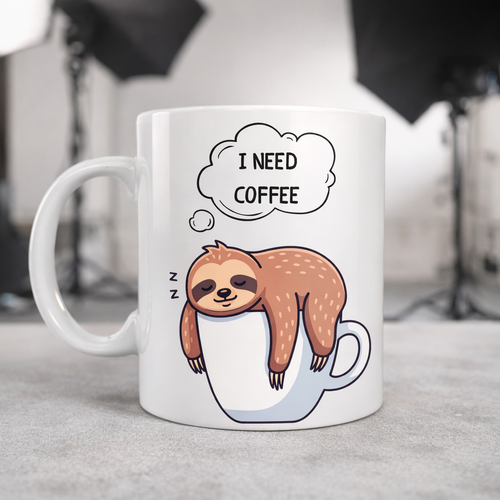 I Need Coffee Yaz�l� Tembel Hayvan Tasar�ml� Kupa Model 236 Komik Seramik Kahve Kupas�