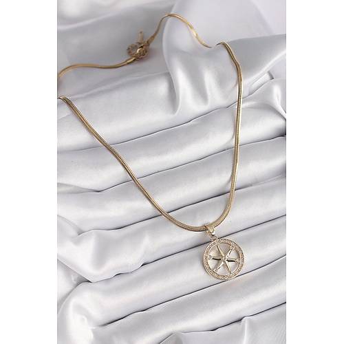 316L �elik Gold Renk �talyan Zincir Zirkon Ta�l� Kutup Y�ld�z Model Kad�n Kolye