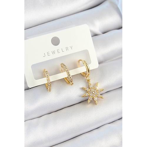 Pirin� Zirkon Ta�l� Kutup Y�ld�z� Model Gold Renk 3'l� �ift Kad�n K�pe Set