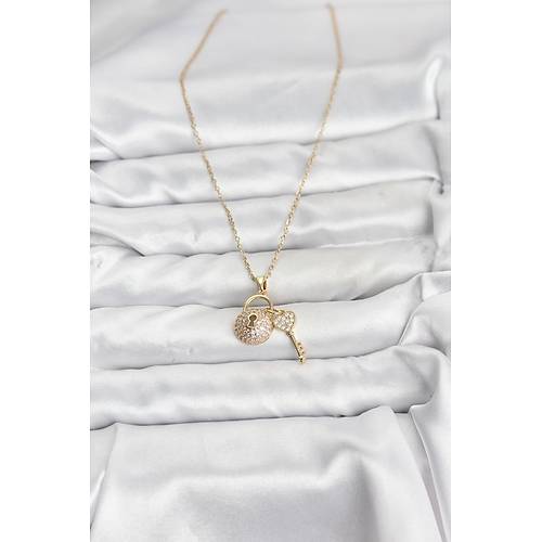 316L �elik Zincir Gold Renk Kilit Anahtar Model Zirkon Ta�l� Kad�n Kolye