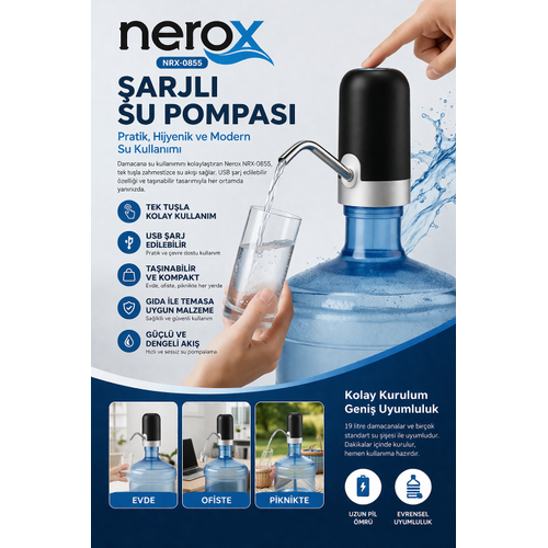 Nerox �arjl� Su Pompas� NRX-0855 USB �arjl� Damacana Su Pompas� Otomatik Su Sebili Aparat�