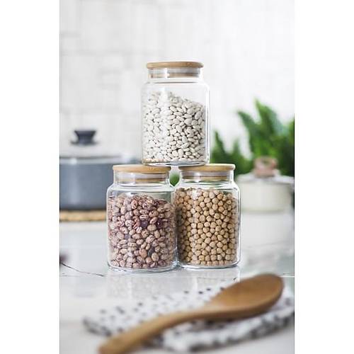 3 L� Set Bambu Kapakl� Cam Kavanoz & Erzak Saklama Kab� 800 ml Orta Boy ( Vakum Kapak )