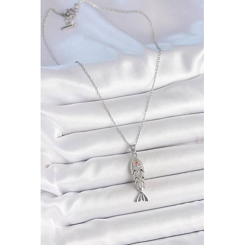 316L �elik Zincir G�m�� Renk Zirkon Ta�l� Bal�k Fig�rl� Kolye