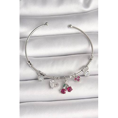 Pirin� G�m�� Renk Sallant� Kiraz Fig�r Kalp Detay Charm Kad�n Bileklik