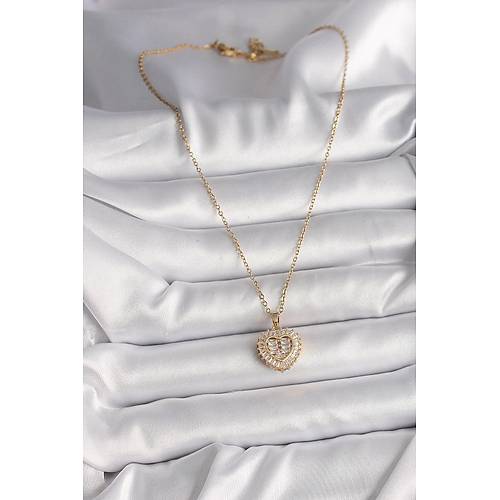 316L �elik Gold Renk Zincir Zirkon Ta�l� Kalp Model Kad�n Kolye