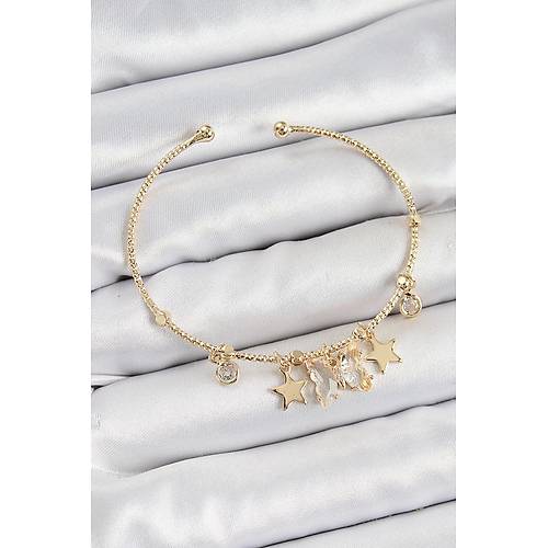 Pirin� Zirkon Ta�l� Kelebek Ve Y�ld�z Model Gold Renk Charm Bileklik