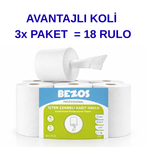 Bezos Professional ��ten �ekmeli Ka��t Havlu 3 Koli | 18 Rulo | End�striyel Kullan�m