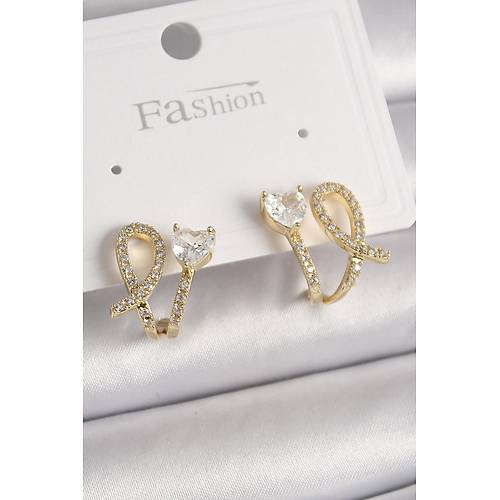 Pirin� Gold Renk D���m Model Zirkon Ta�l� Kalp Detay Kad�n K�pe