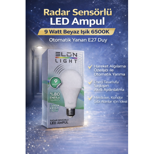 Radar Sens�rl� LED Ampul 9 Watt Beyaz I��k 6500K Otomatik Yanan E27 Duy