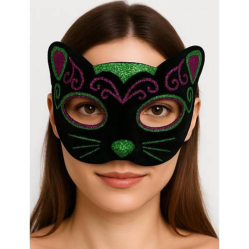 Siyah Kadife Kaplama �zeri Pembe Ye�il Sim ��lemeli Kedi Maskesi 20x13 cm
