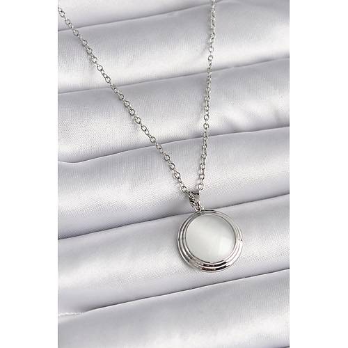 316L �elik G�m�� Renk Beyaz Sedefli Daire Model Kad�n Kolye