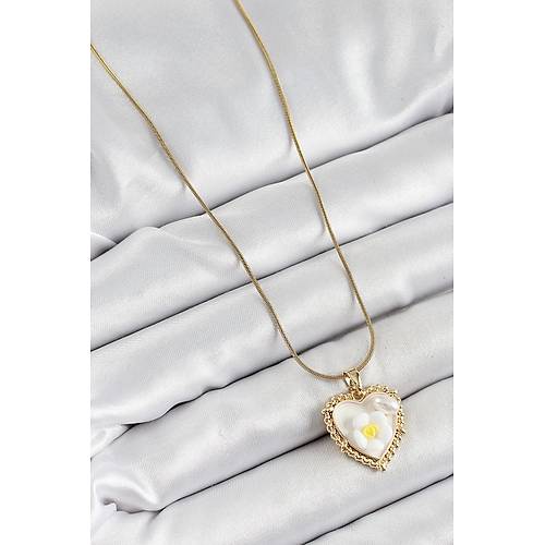 316L �elik Zincir Beyaz Sanatsal Portre �nci Detayl� Papatya Fig�rl� Kalp Model Gold Renk Kad�n Kolye