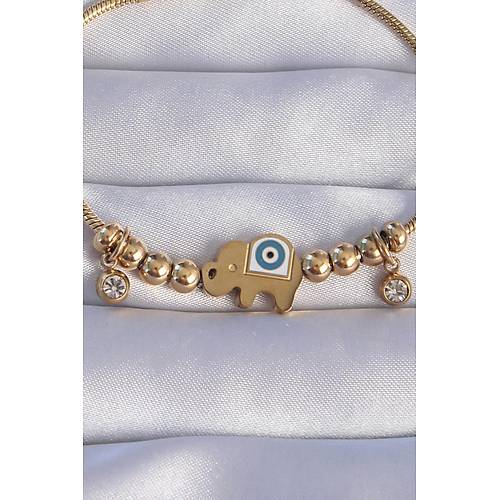 316L �elik Gold Renk Zirkon Ta�l� Nazarl� Fil Tasar�ml� Bileklik