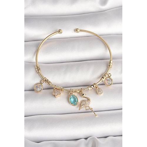 Pirin� Gold Renk Zirkon Ta�l� Sallant� Filamingo Fig�r Charm Kad�n Bileklik