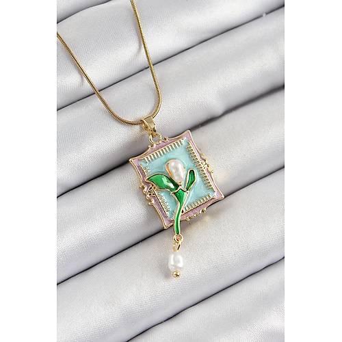 316L �elik Zincir Turkuaz Sanatsal Portre Sallant�l� �nci Detayl� Lale Model Gold Renk Kad�n Kolye