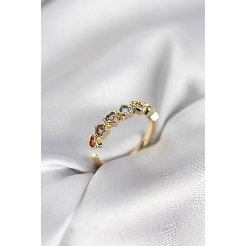 Gold Renk Kalp Model Renkli Zirkon Ta�l� Kad�n Y�z�k