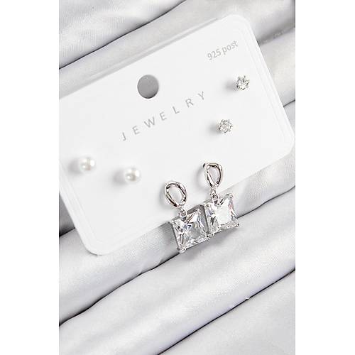 Pirin� Zirkon Ta�l� Sallant�l� Kare Model G�m�� Renk 925 Ayar G�m�� �ivi Kad�n K�pe Set