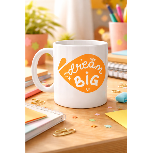 Dream Big Yaz�l� Porselen Kupa MODEL 135 � Motivasyon Temal�, S�cak Tasar�m, Kahve & �ay Kupas�, Hediye Fikri