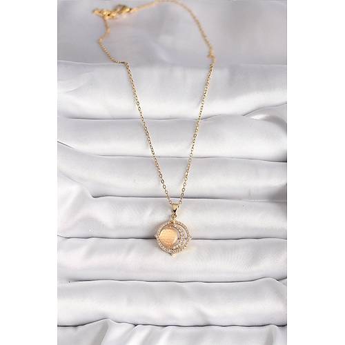 316L �elik Gold Renk Zirkon Ta�l� Turuncu Sedefli Hilal Model Kad�n Kolye