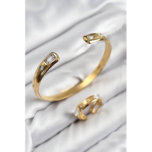 Pirin� Zirkon Ta�l� Ayr�k Model Gold Renk Bileklik Y�z�k Set