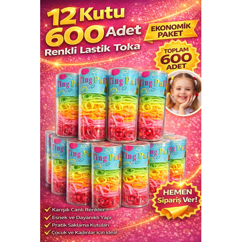 12 Kutu 600 Adet Renkli Lastik Toka Seti Kar���k Renkli Sa� Lasti�i �ocuk ve Kad�n Sa� Tokas�