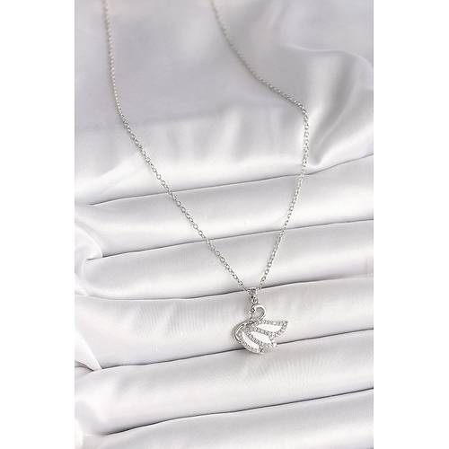 316L �elik G�m�� Renk Zincir Zirkon Ta�l� Ku�u Model Kad�n Kolye