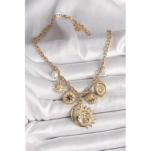 316L �elik Gold Renk Ay G�ne� Fig�r Deniz Kabu�u Detay Kad�n Kolye